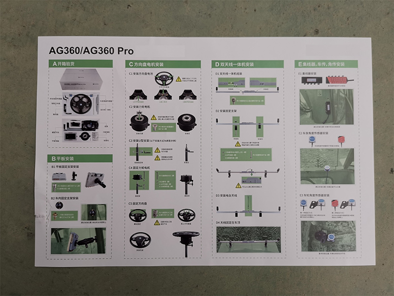Beidou GNSS agricultural machinery automatic navigation driving system AG360 BD-2.5GD system composition ▪ Tablet PC High-definition touch screen display，industrial-grade design, reliable performance; can be equipped with a multi-function steering wheel, easy to operate, easy to use. ▪Multifunctional steering wheel -Key navigation on; indicator light prompts, intuitive and clear; multi-function buttons, easy operated at your fingertips. ▪Torque motor High torque, anti-vibration. The new design of the drive circuit is smaller as well as the steering is more stable and smoother. ▪Dual antenna all-in-one machine Adopting the latest K8 series high-precision module of navigation, suitable for harsh. outdoor environments; built-in dual-cards, the signal is more stable. ▪Angle sensor High-temperature resistant wiring harness design, suitable for outdoor use, no connecting rod, easy installation. ▪ Hub One-line direct connection, simple and easy plugs; LEMO interface, stable and efficient; intelligent operation, avoid mistakes.  Beidou GNSS agricultural machinery automatic navigation driving system AG360 BD-2.5GD product feature 1. The operating line is within ±2.5cm, reducing the repetitive area. 2. Applicable to various operating requirements (straight curve, flat hills). 3. Adapt to various models (transplanter, sprayer, harvester). 4. Automatic steering control and precise navigation. 5. Unaffected by the weather, long-lasting and stable work. 6. Suitable for high speed and complicated field. 7. Uninterrupted operation for day and night. 8. DIY installation, ready to use, simple operation, short-term training. 9. Equipped with Sinan "Navigation Cloud", cloud interconnection, remote service.  Beidou GNSS agricultural machinery automatic navigation driving system AG360 BD-2.5GD application and after-sales service High-accuracy GNSS technologies were largely used in farming for auto guidance, auto-leveling, and other applications. Farmers are going to use high-accuracy GNSS technologies to use less fertilizer, save cost and protect the environment. GNSS represents the currently popular technologies in farming that can provide significant benefits for crop production in diverse growing environments. We supply different kinds of OEM boards and receivers to meet various needs.6